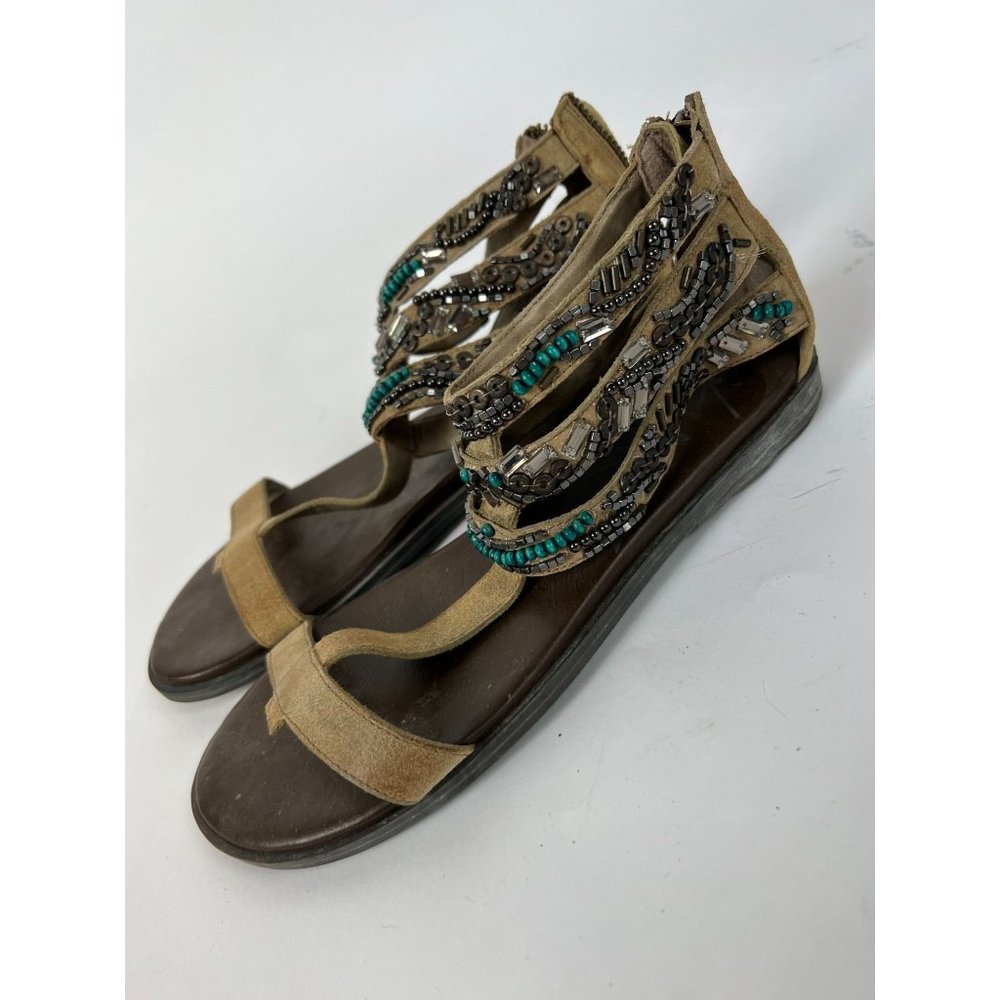 Otot Pendleton Gladiator Zipper Back Sandals  7M Tan  Beaded Suede